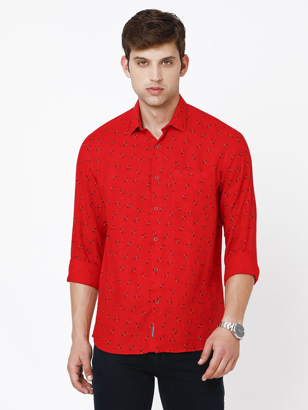 Linen Club Studio Men's Pure Linen Red Printed Regular Fit Full Sleeve Casual Shirt