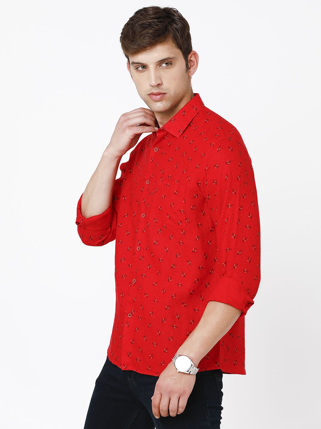 Linen Club Studio Men's Pure Linen Red Printed Regular Fit Full Sleeve Casual Shirt