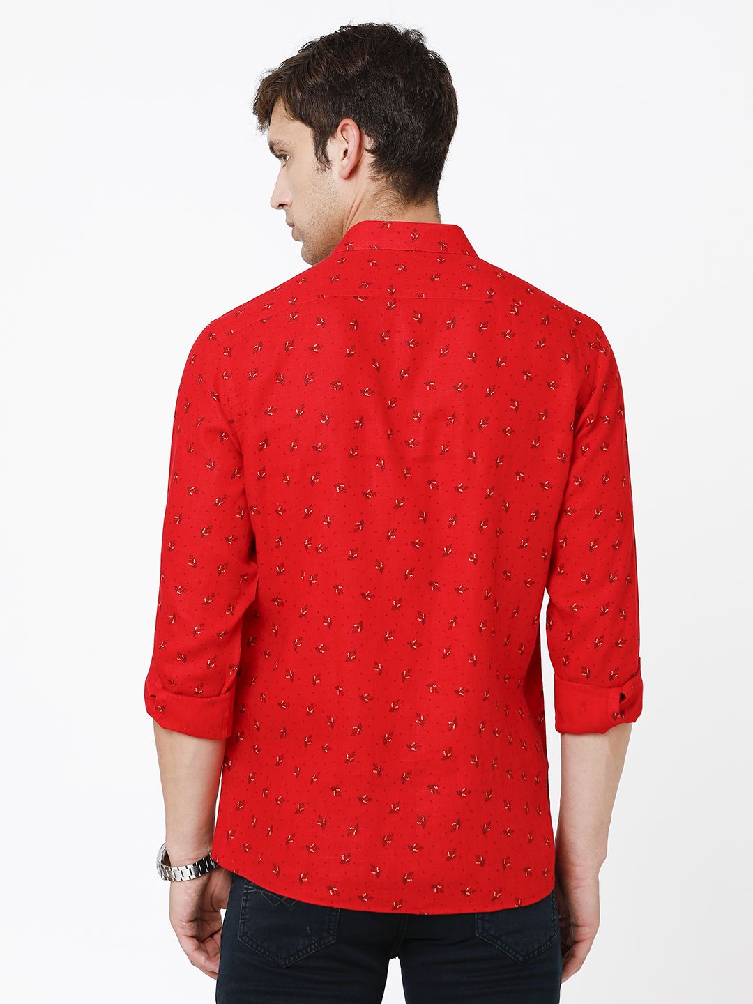 Linen Club Studio Men's Pure Linen Red Printed Regular Fit Full Sleeve Casual Shirt