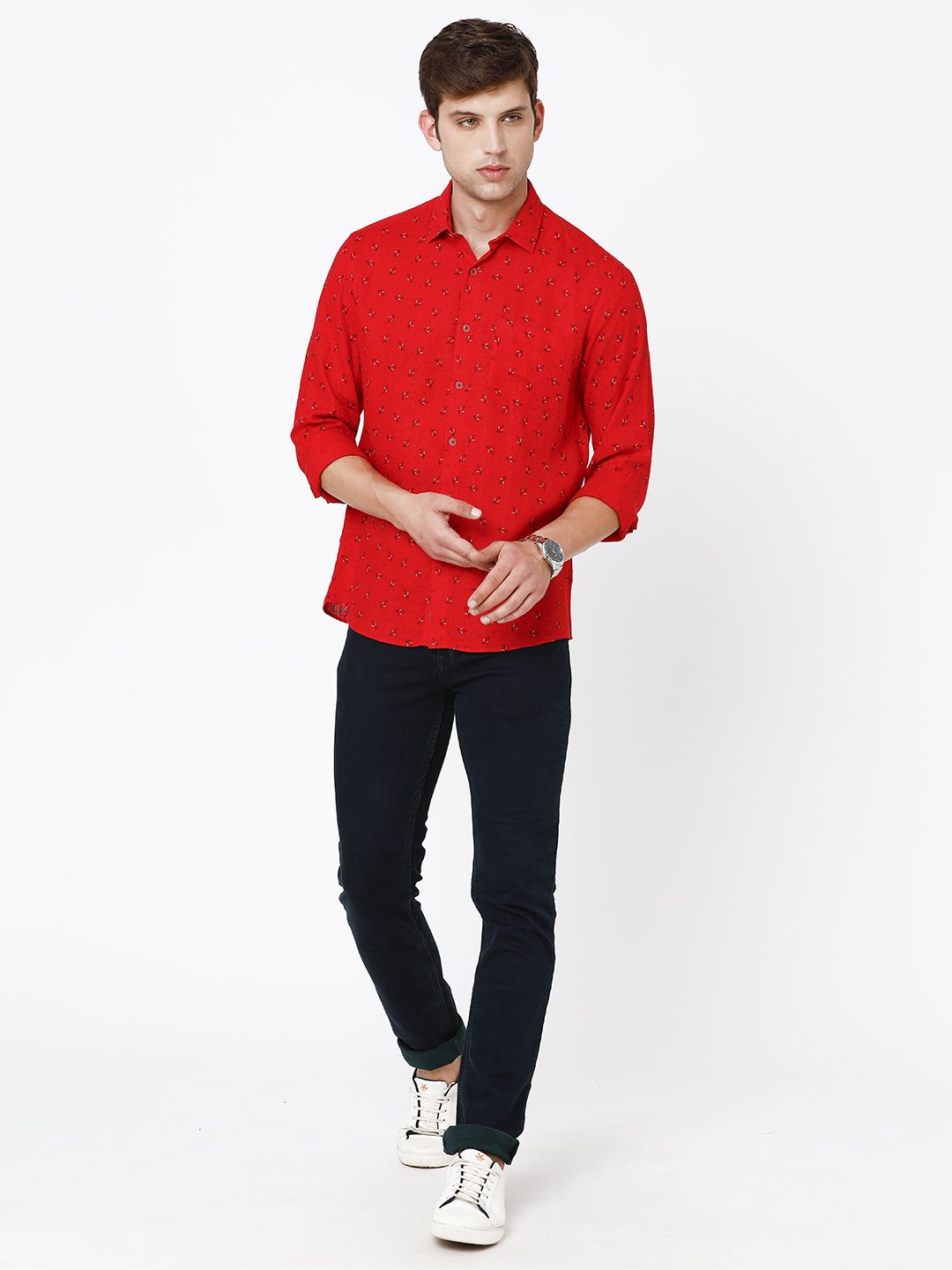 Linen Club Studio Men's Pure Linen Red Printed Regular Fit Full Sleeve Casual Shirt