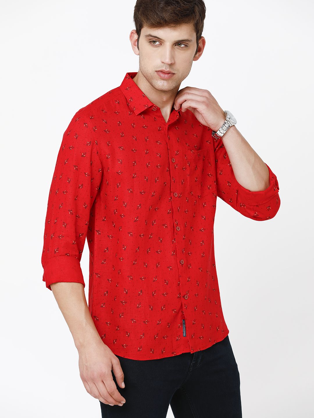 Linen Club Studio Men's Pure Linen Red Printed Regular Fit Full Sleeve Casual Shirt