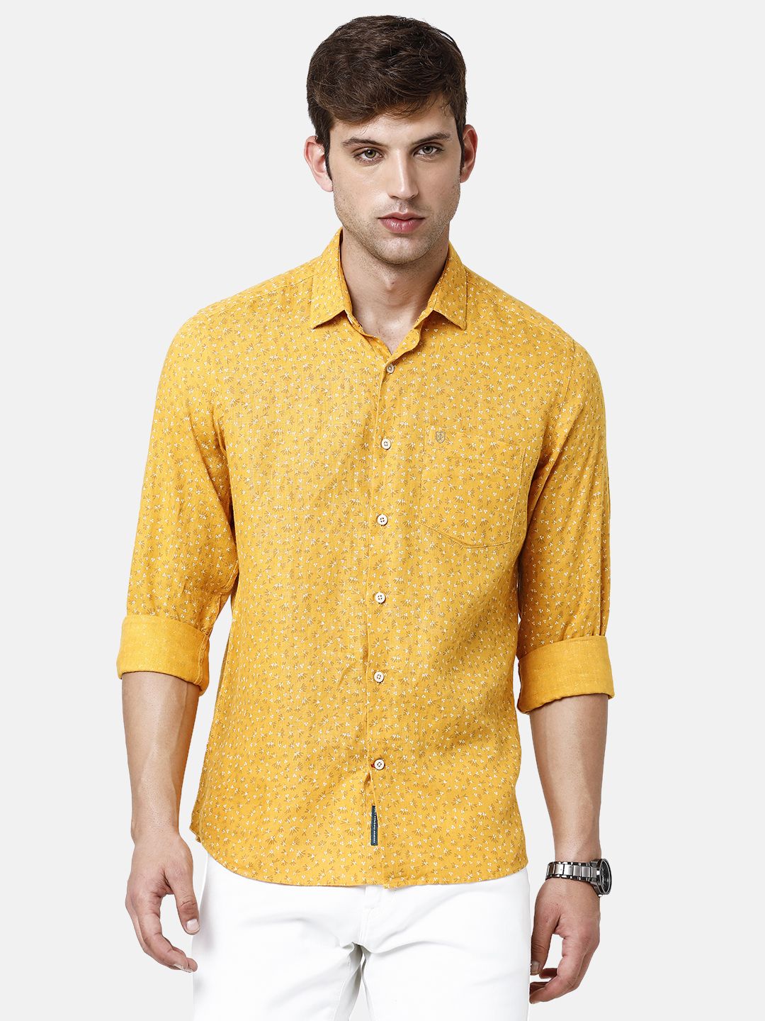 Linen Club Studio Men's Pure Linen Yellow Printed Regular Fit Full Sleeve Casual Shirt