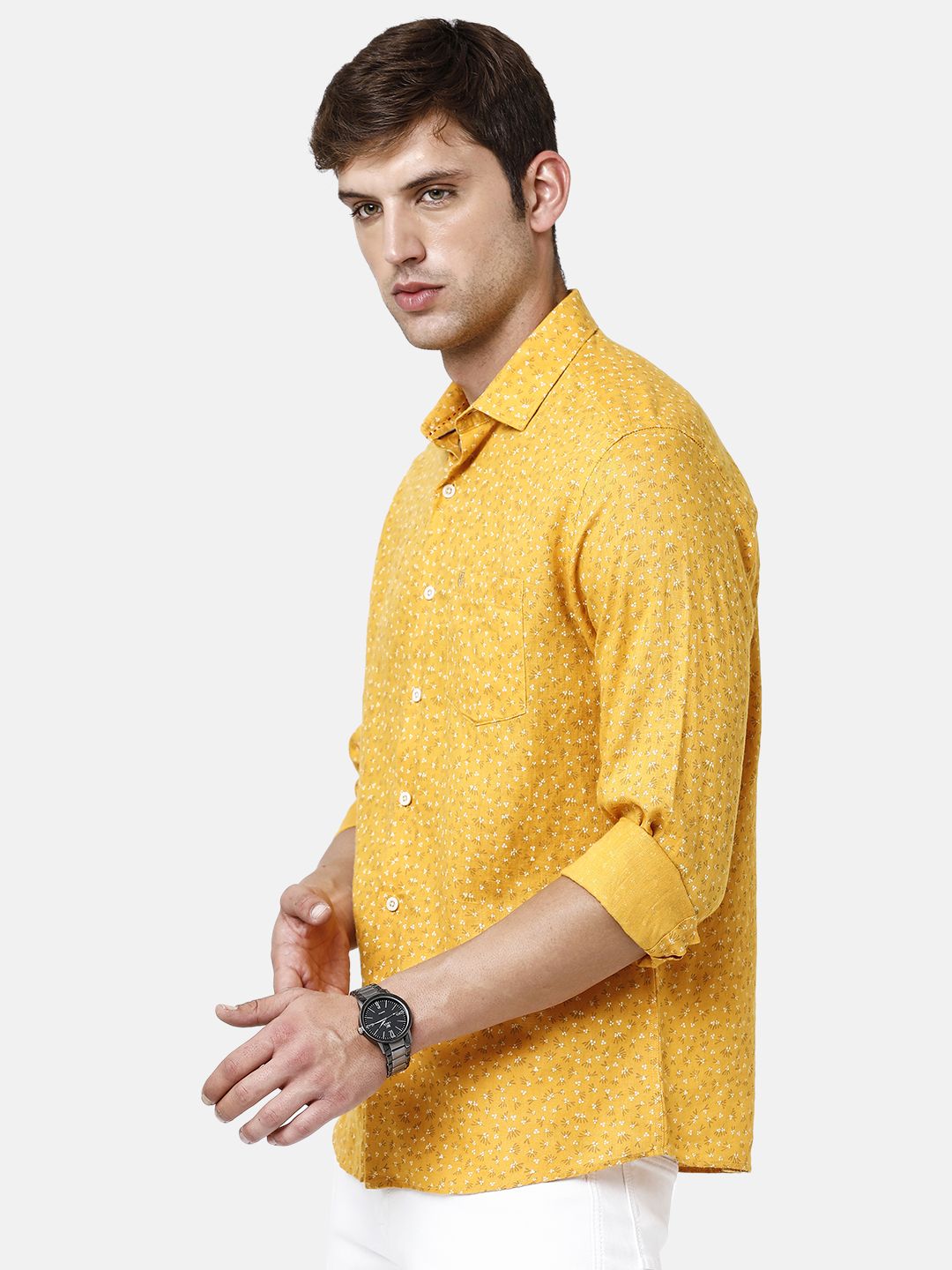 Linen Club Studio Men's Pure Linen Yellow Printed Regular Fit Full Sleeve Casual Shirt