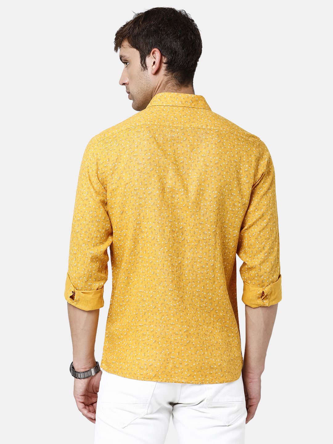 Linen Club Studio Men's Pure Linen Yellow Printed Regular Fit Full Sleeve Casual Shirt