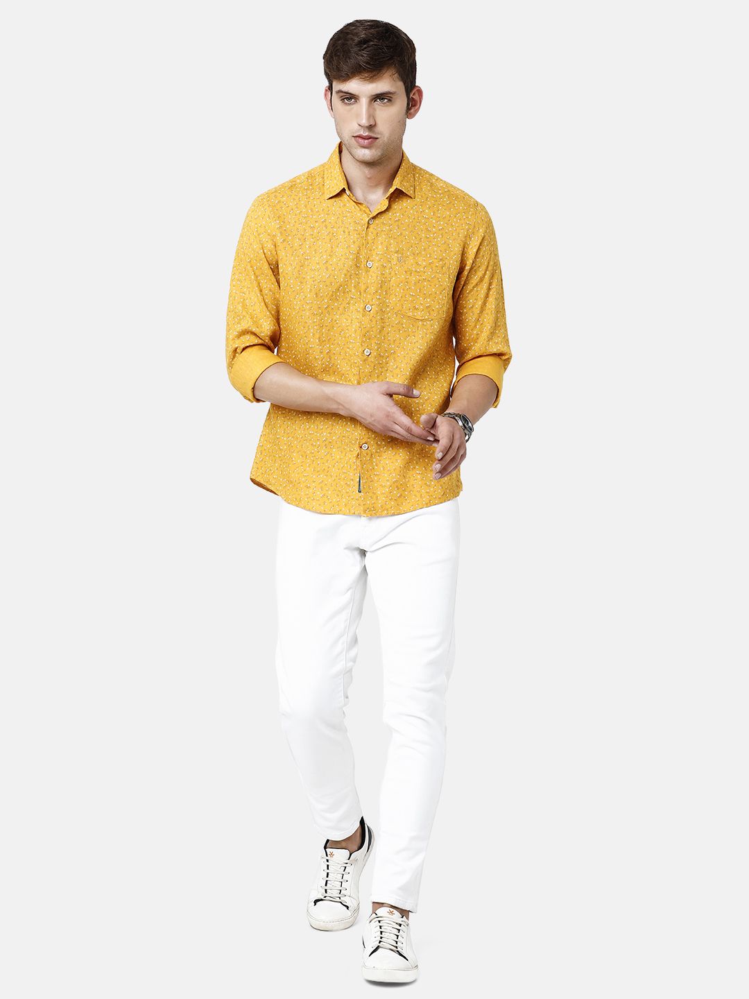 Linen Club Studio Men's Pure Linen Yellow Printed Regular Fit Full Sleeve Casual Shirt