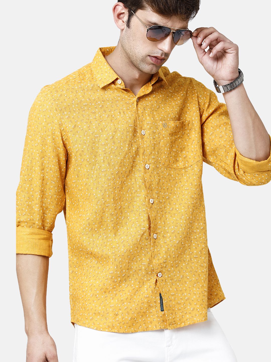 Linen Club Studio Men's Pure Linen Yellow Printed Regular Fit Full Sleeve Casual Shirt