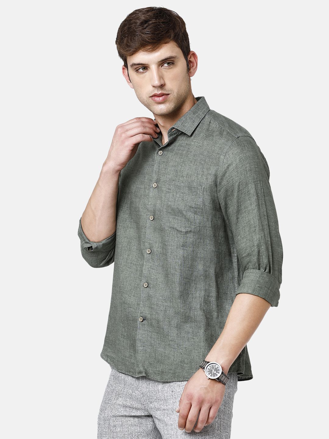 Men's Pure Linen Grey Solid Contemporary Fit Full Sleeve