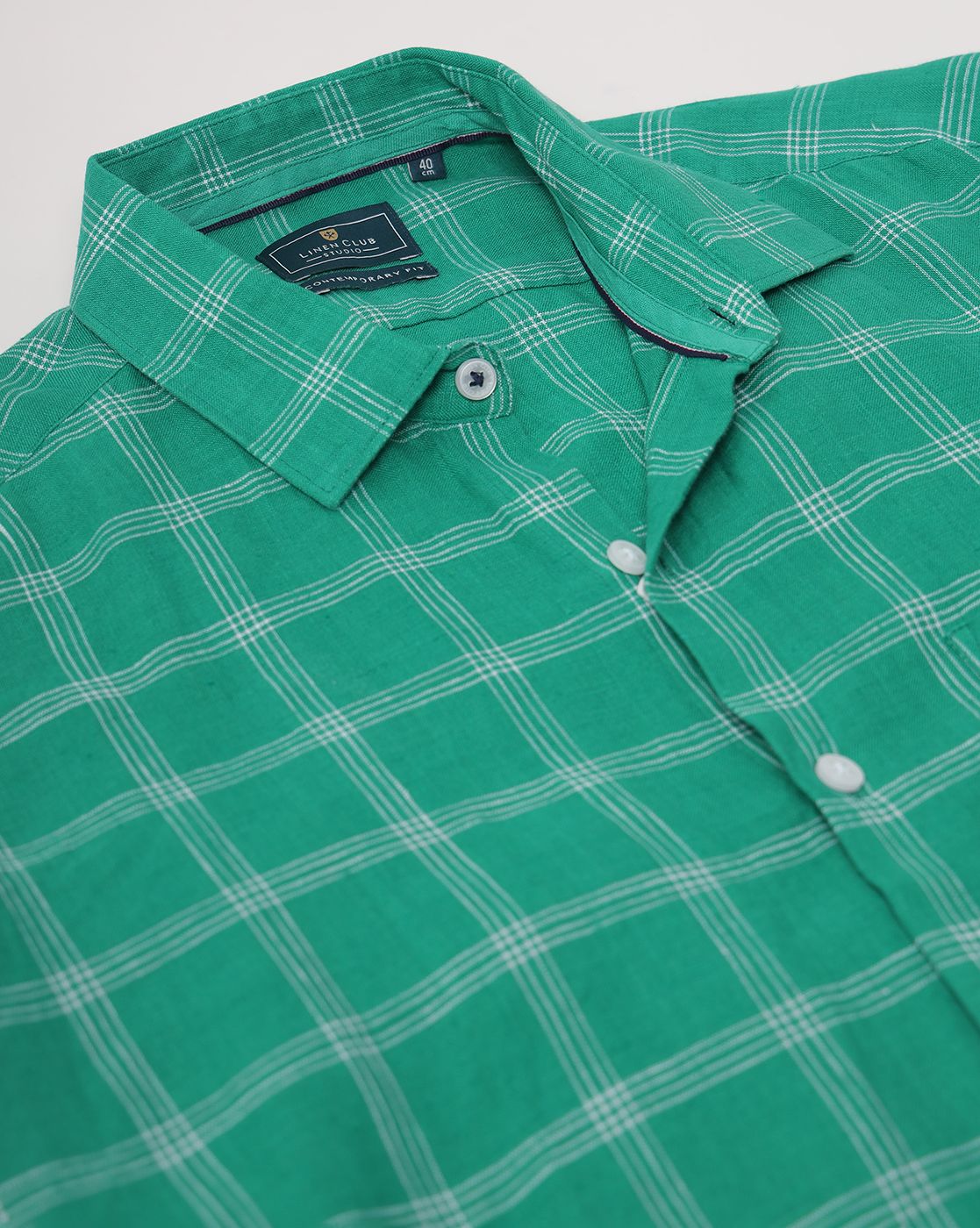 Men's Pure Linen Green Checked Contemporary Fit Full Sleeve