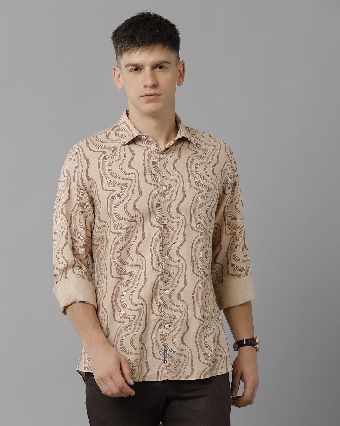 Men's Pure Linen Brown Printed Contemporary Fit Full Sleeve Sleeve Casual Shirt