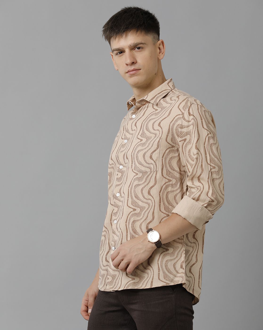 Men's Pure Linen Brown Printed Contemporary Fit Full Sleeve Sleeve Casual Shirt