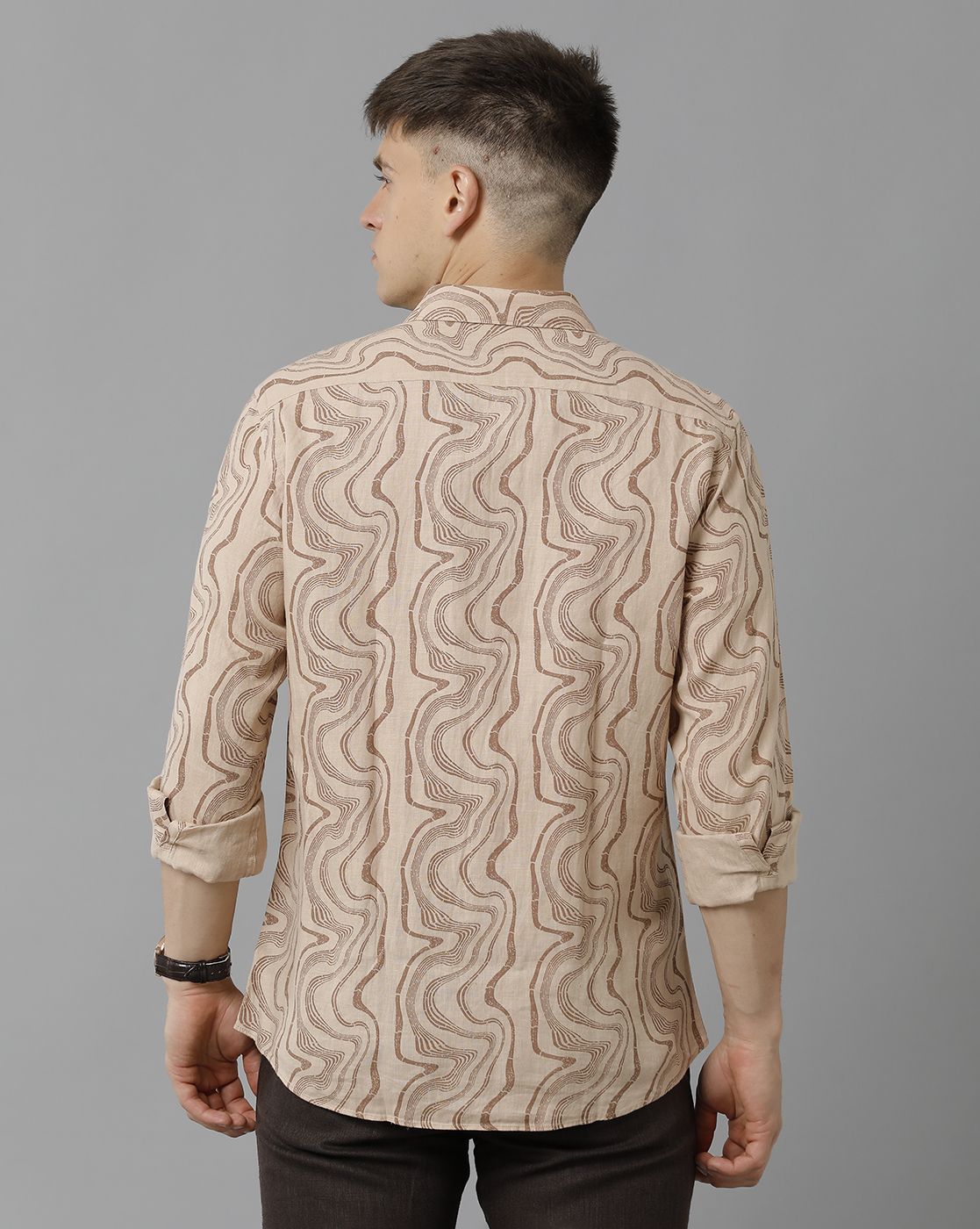 Men's Pure Linen Brown Printed Contemporary Fit Full Sleeve Sleeve Casual Shirt