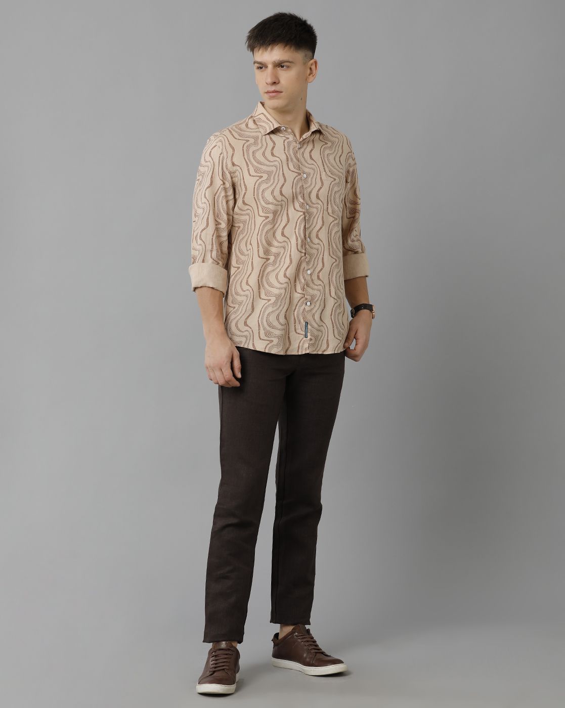 Men's Pure Linen Brown Printed Contemporary Fit Full Sleeve Sleeve Casual Shirt