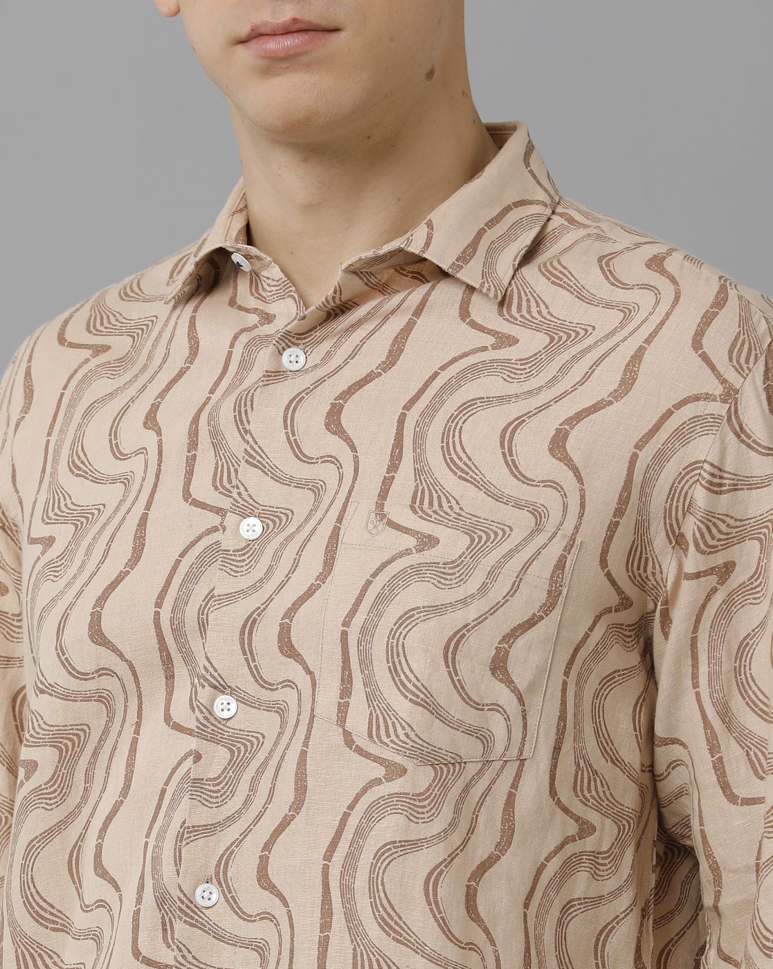 Men's Pure Linen Brown Printed Contemporary Fit Full Sleeve Sleeve Casual Shirt