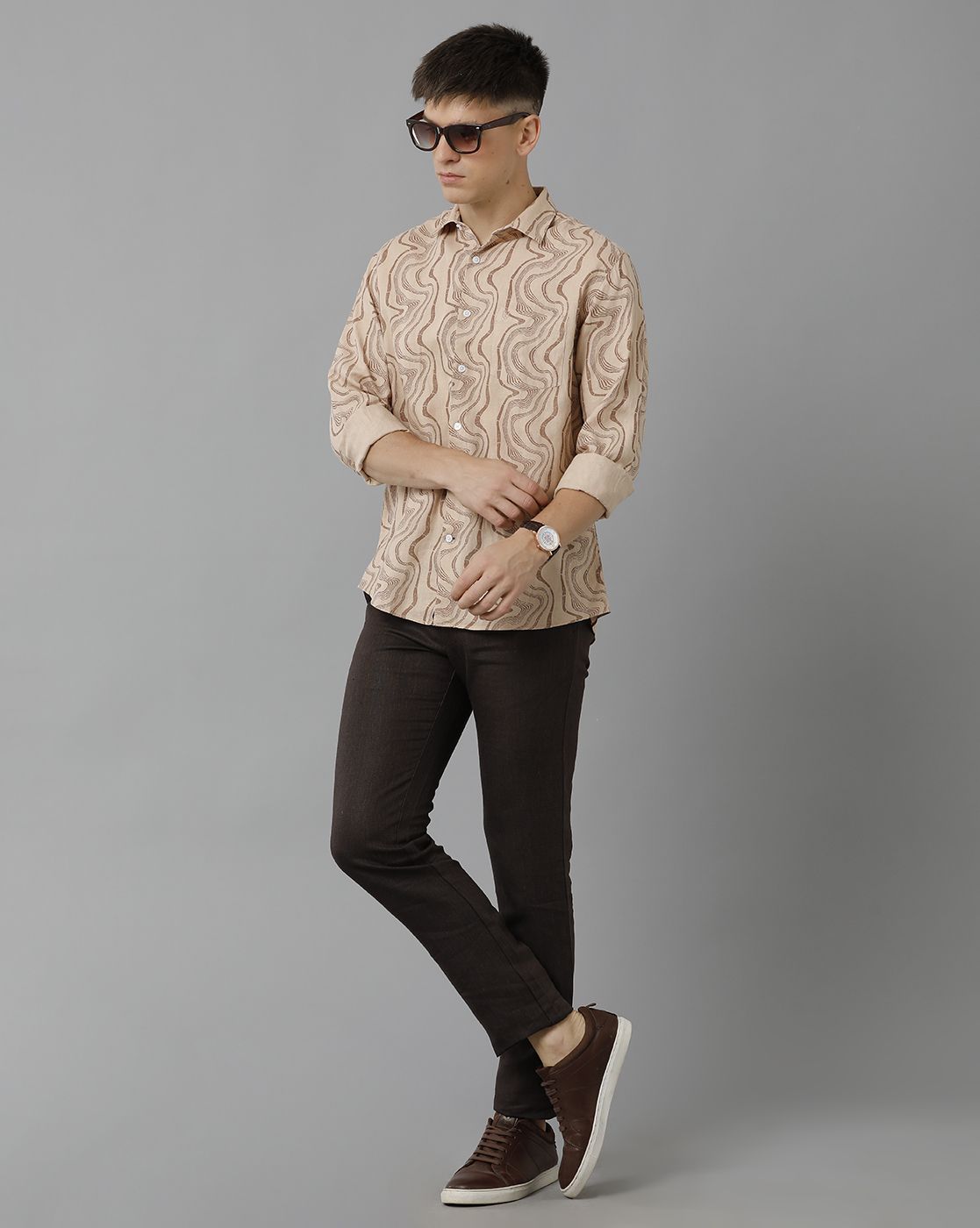 Men's Pure Linen Brown Printed Contemporary Fit Full Sleeve Sleeve Casual Shirt