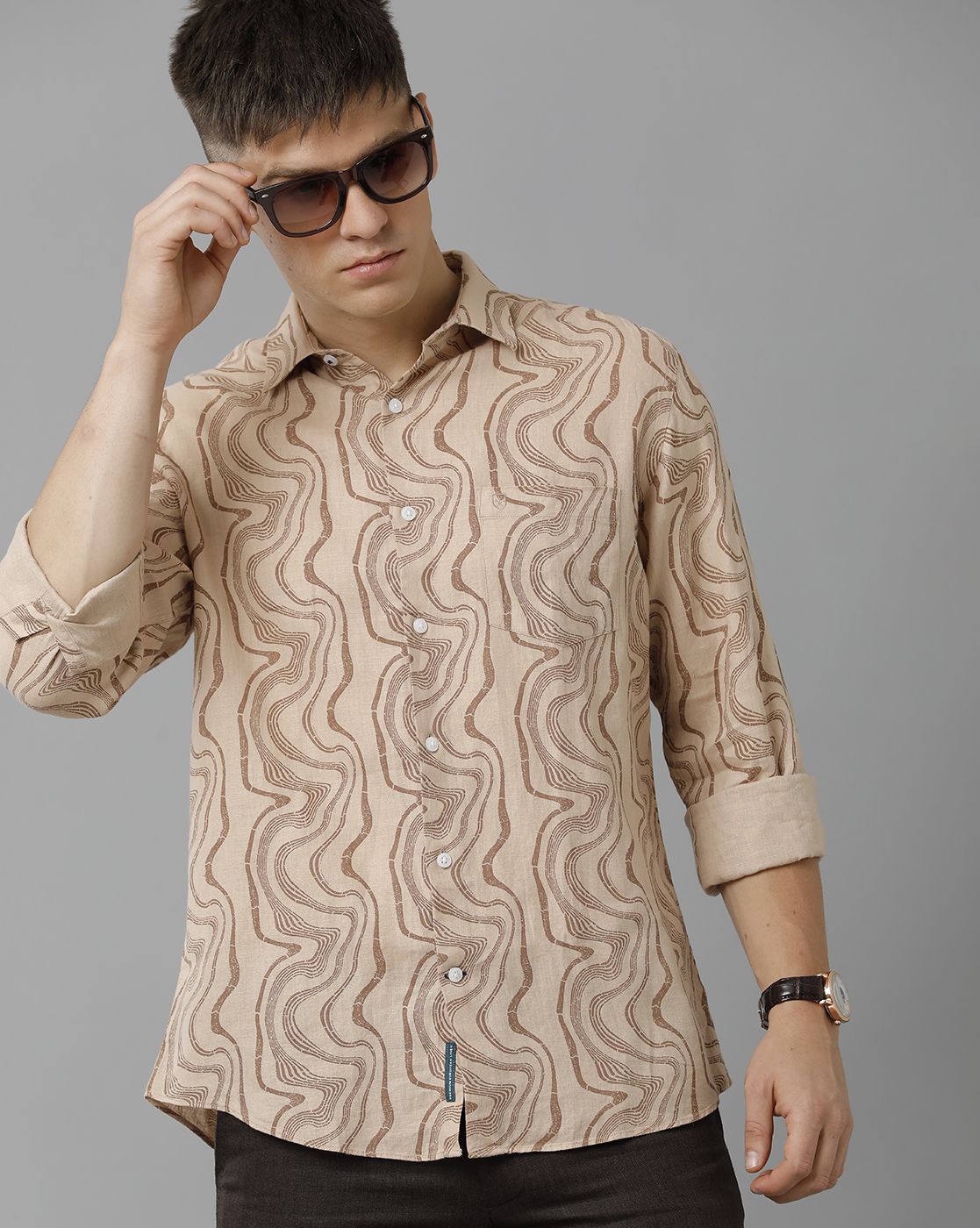 Men's Pure Linen Brown Printed Contemporary Fit Full Sleeve Sleeve Casual Shirt