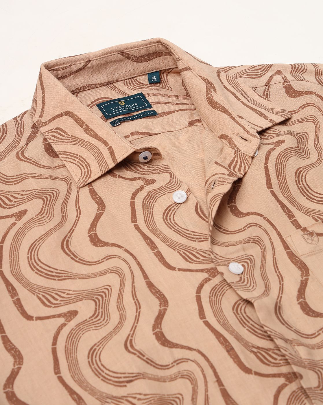 Men's Pure Linen Brown Printed Contemporary Fit Full Sleeve Sleeve Casual Shirt