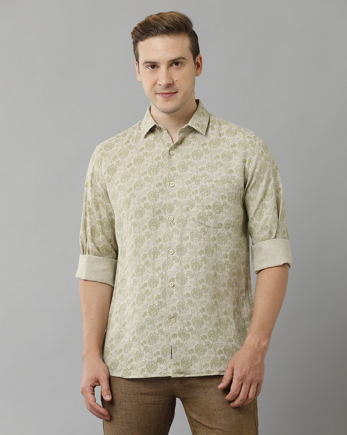 Men's Pure Linen Green Printed Contemporary Fit Full Sleeve Sleeve Casual Shirt