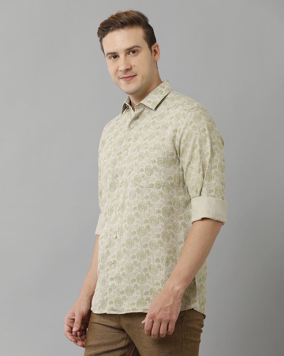 Men's Pure Linen Green Printed Contemporary Fit Full Sleeve Sleeve Casual Shirt