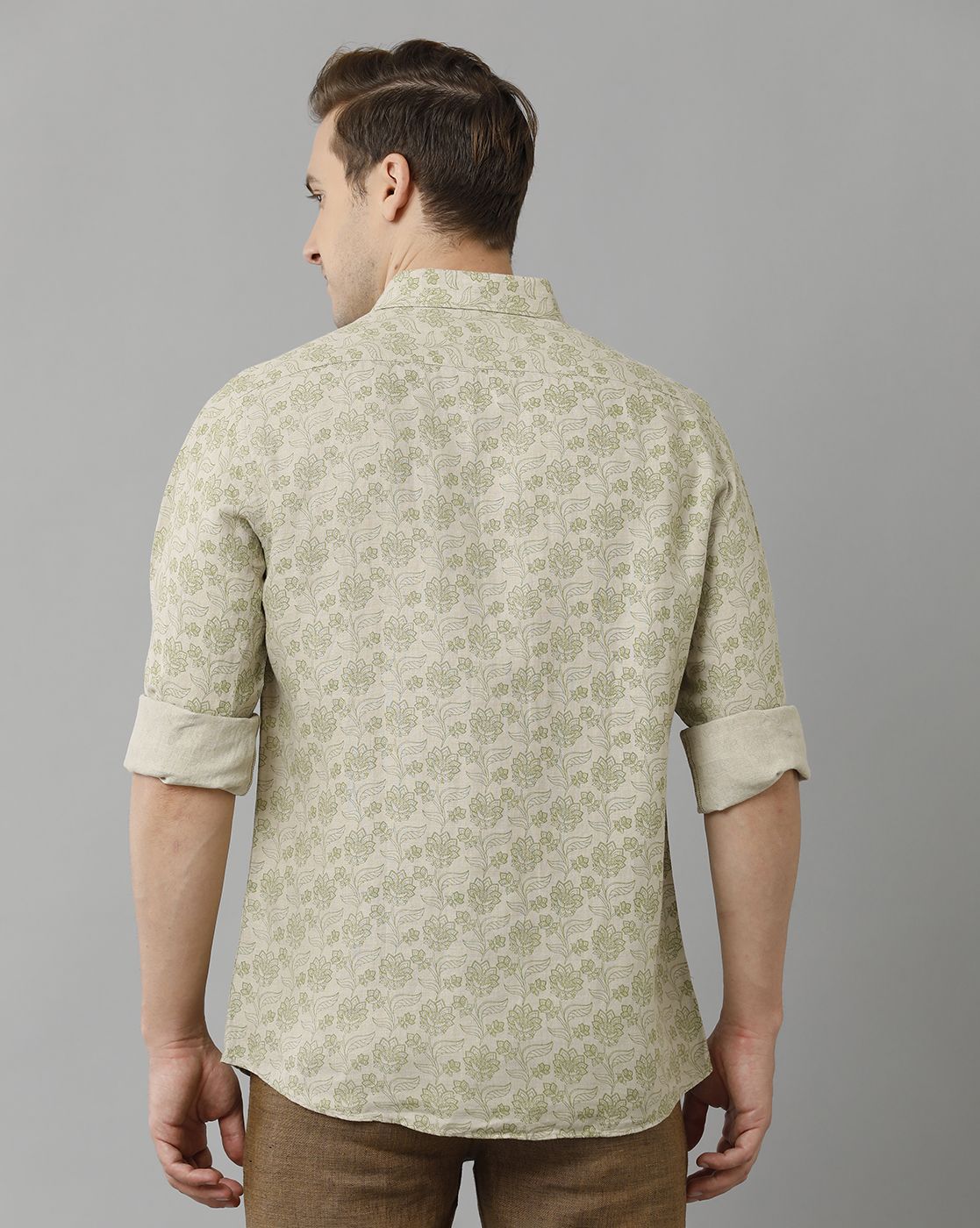 Men's Pure Linen Green Printed Contemporary Fit Full Sleeve Sleeve Casual Shirt