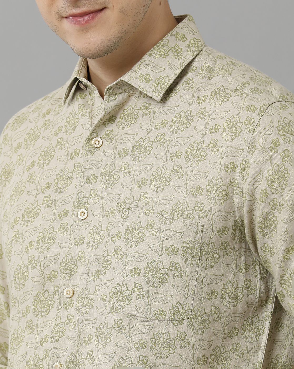 Men's Pure Linen Green Printed Contemporary Fit Full Sleeve Sleeve Casual Shirt