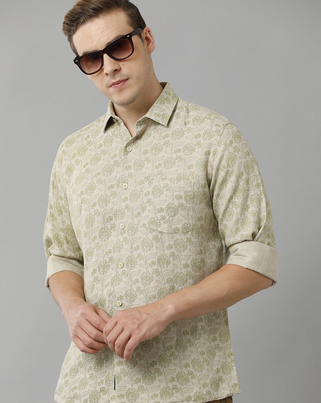 Men's Pure Linen Green Printed Contemporary Fit Full Sleeve Sleeve Casual Shirt