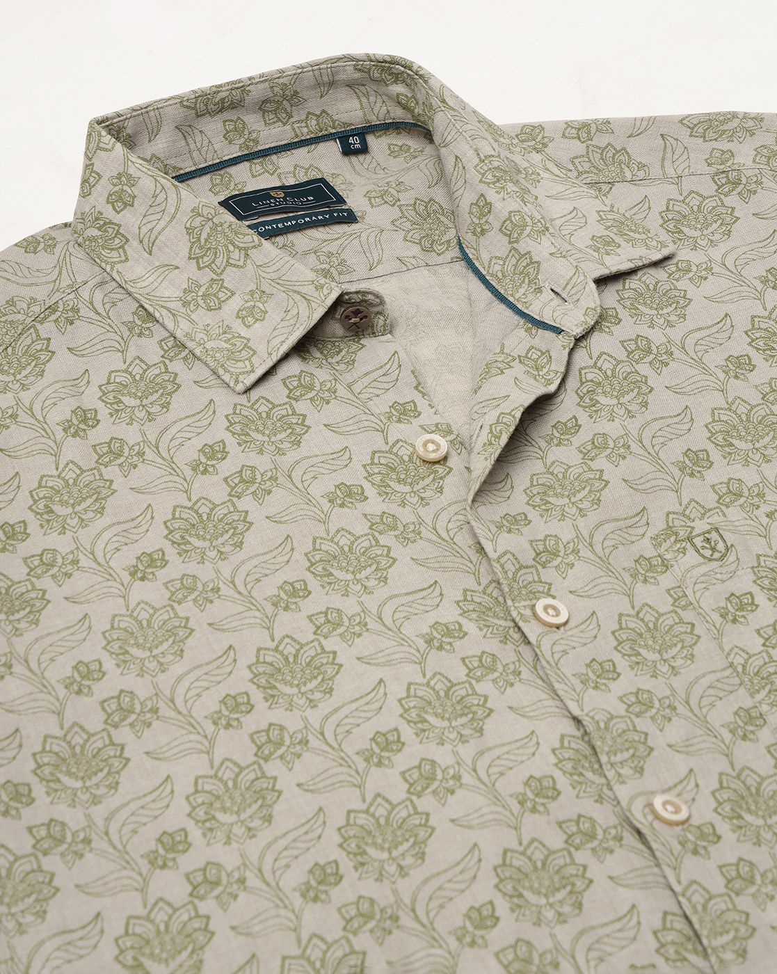 Men's Pure Linen Green Printed Contemporary Fit Full Sleeve Sleeve Casual Shirt