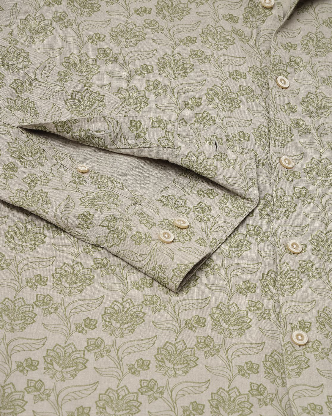 Men's Pure Linen Green Printed Contemporary Fit Full Sleeve Sleeve Casual Shirt