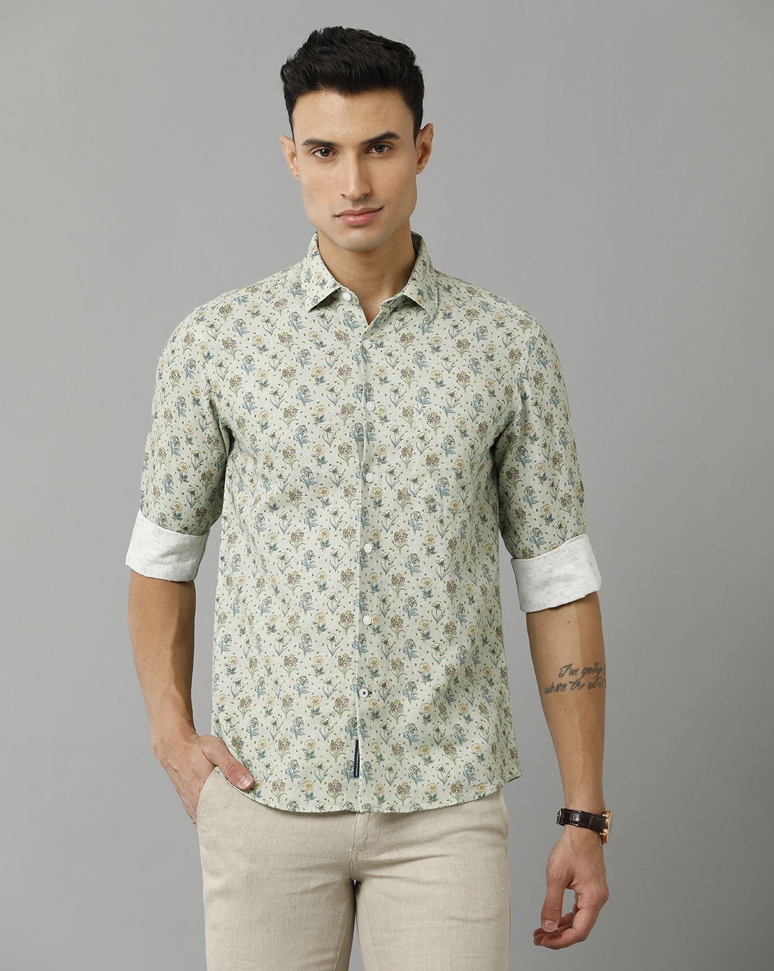 Men's Linen Rich Green Printed Contemporary Fit Full Sleeve Sleeve Casual Shirt
