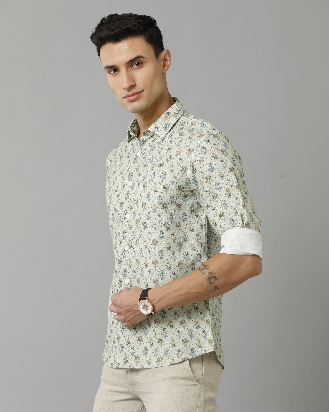 Men's Linen Rich Green Printed Contemporary Fit Full Sleeve Sleeve Casual Shirt