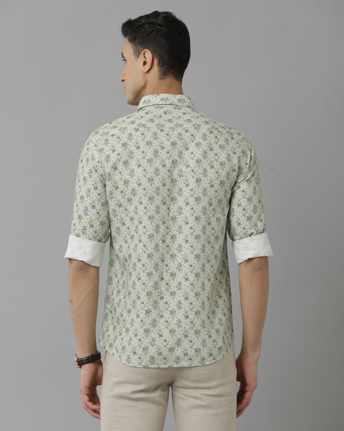 Men's Linen Rich Green Printed Contemporary Fit Full Sleeve Sleeve Casual Shirt