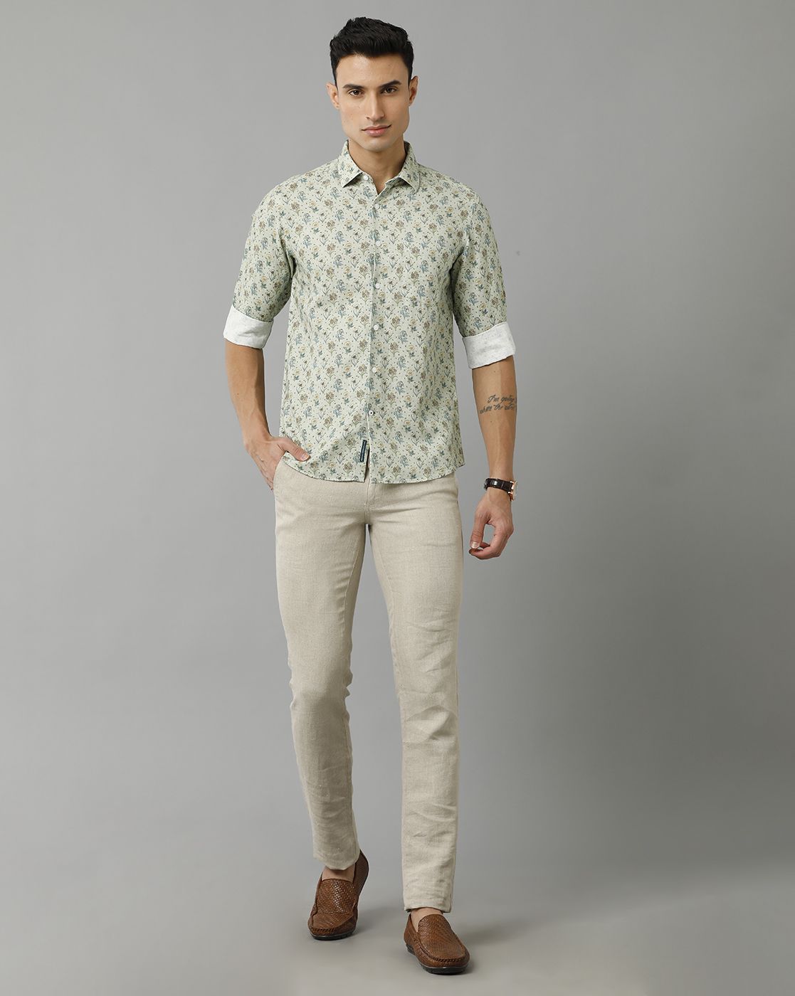 Men's Linen Rich Green Printed Contemporary Fit Full Sleeve Sleeve Casual Shirt