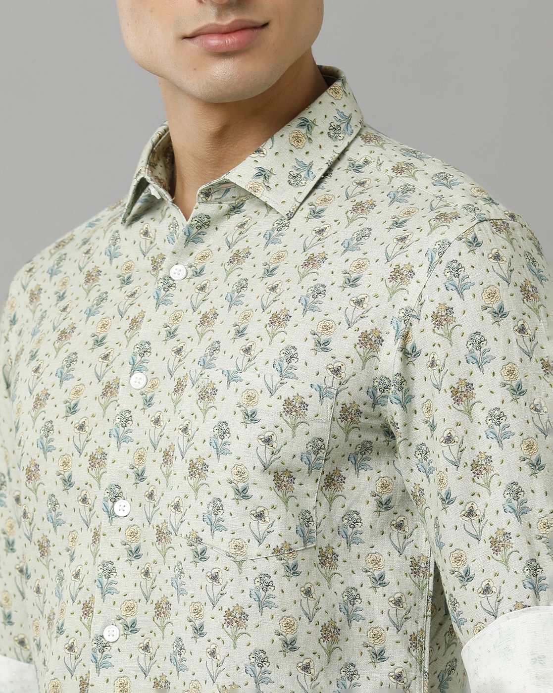 Men's Linen Rich Green Printed Contemporary Fit Full Sleeve Sleeve Casual Shirt