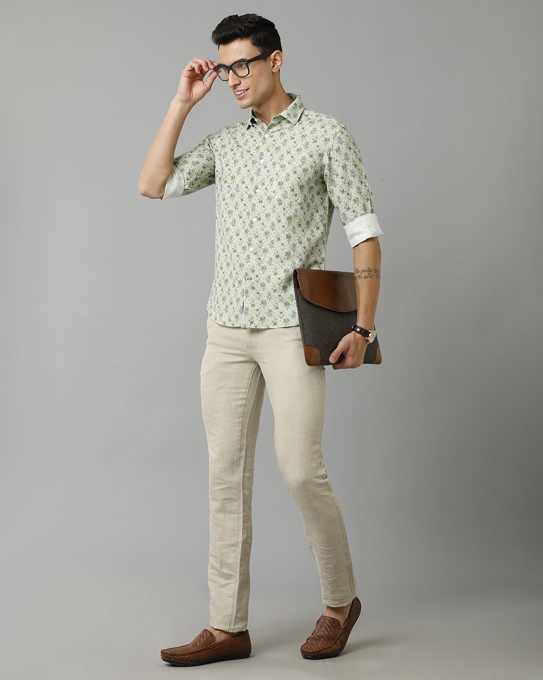Men's Linen Rich Green Printed Contemporary Fit Full Sleeve Sleeve Casual Shirt