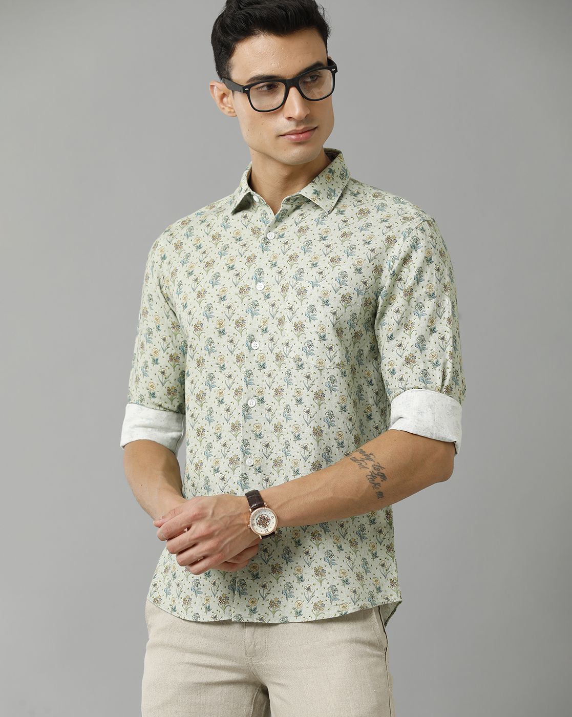 Men's Linen Rich Green Printed Contemporary Fit Full Sleeve Sleeve Casual Shirt