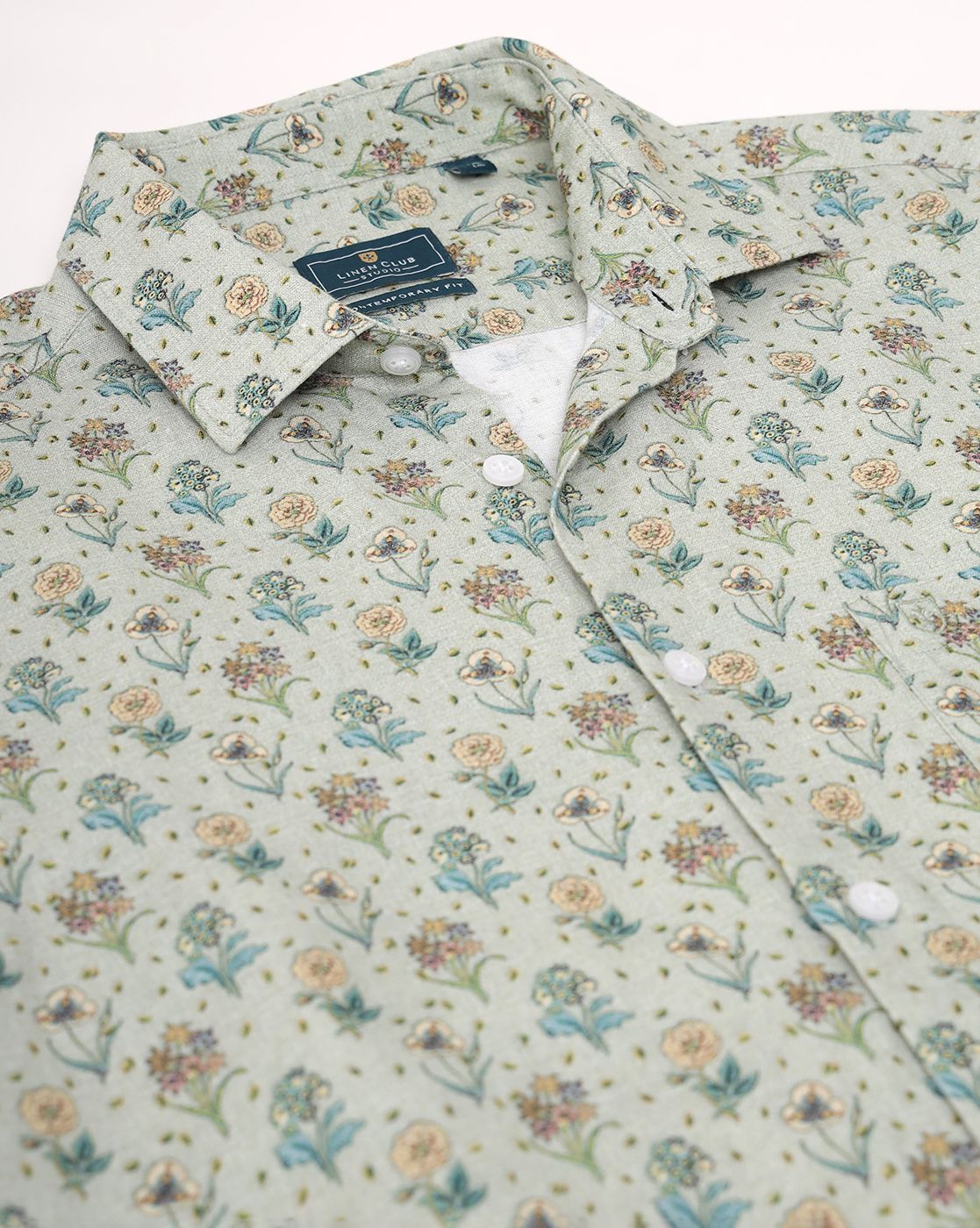 Men's Linen Rich Green Printed Contemporary Fit Full Sleeve Sleeve Casual Shirt
