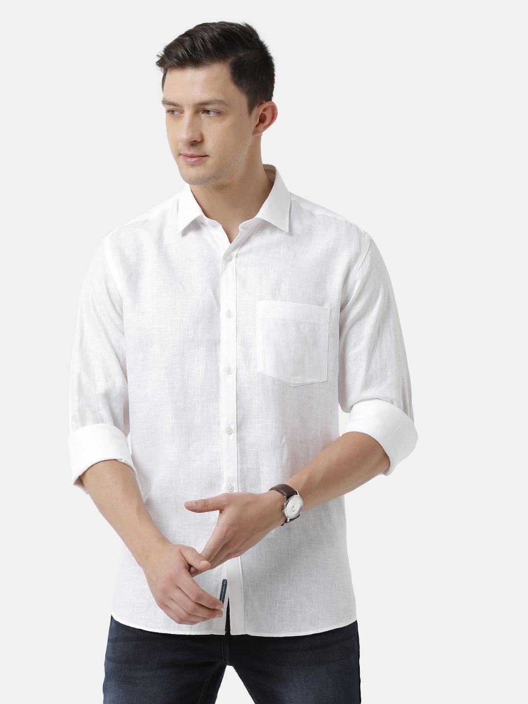 Men's Pure Linen White Solid Contemporary Fit Full Sleeve Sleeve Casual Shirt