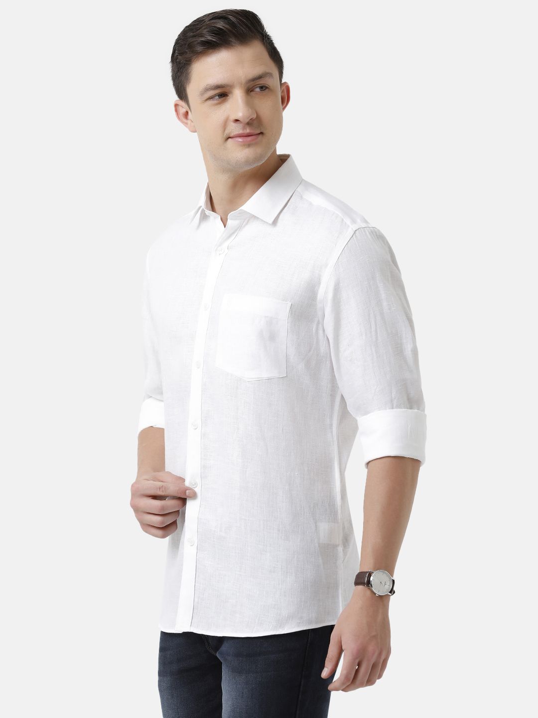 Men's Pure Linen White Solid Contemporary Fit Full Sleeve Sleeve Casual Shirt