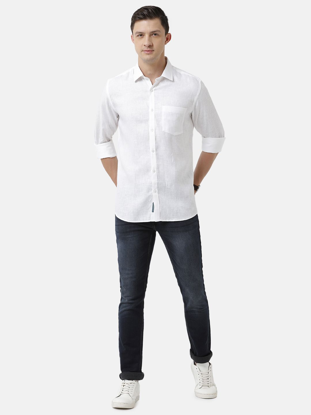 Men's Pure Linen White Solid Contemporary Fit Full Sleeve Sleeve Casual Shirt