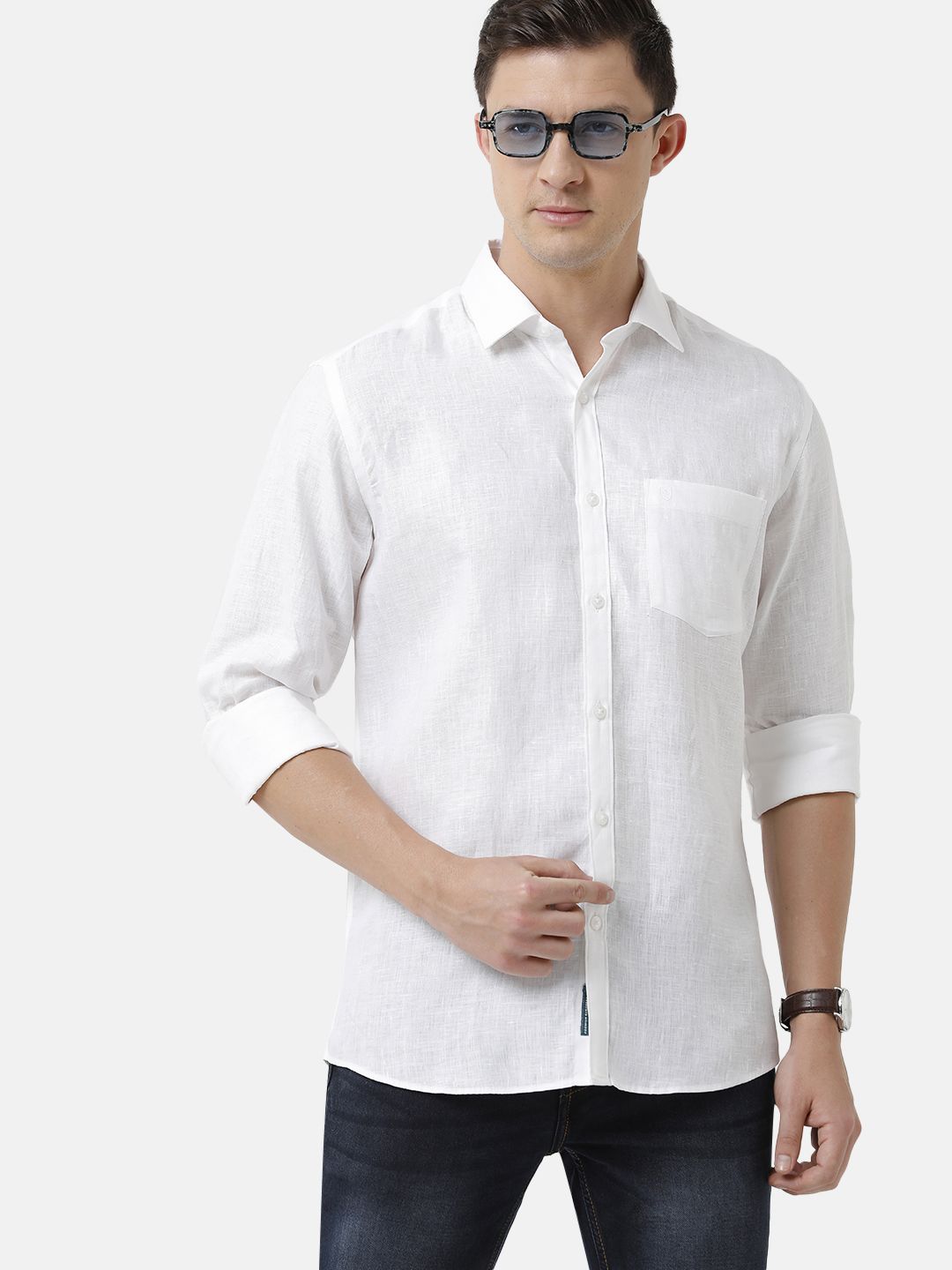 Men's Pure Linen White Solid Contemporary Fit Full Sleeve Sleeve Casual Shirt