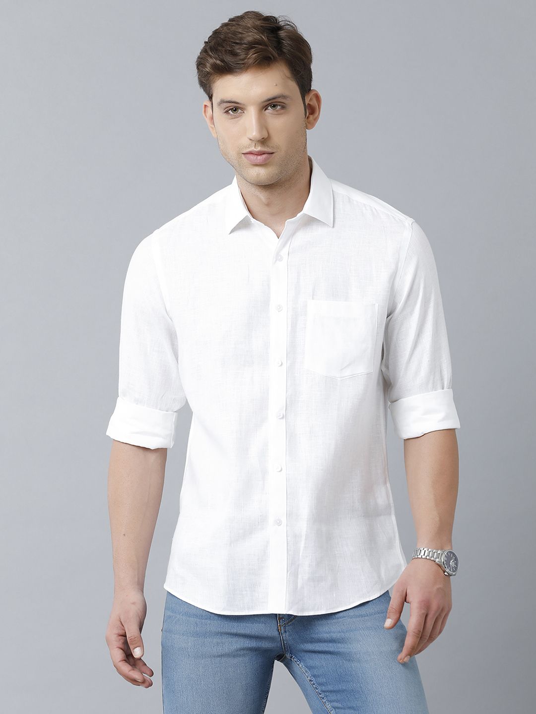 Linen Club Studio Men's Pure Linen White Solid Regular Fit Full Sleeve Casual Shirt