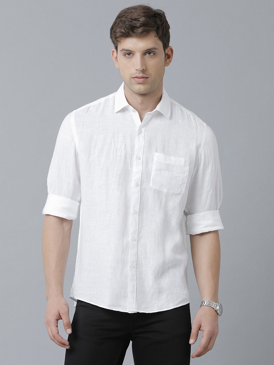 Linen Club Studio Men's Pure Linen White Solid Regular Fit Full Sleeve Casual Shirt