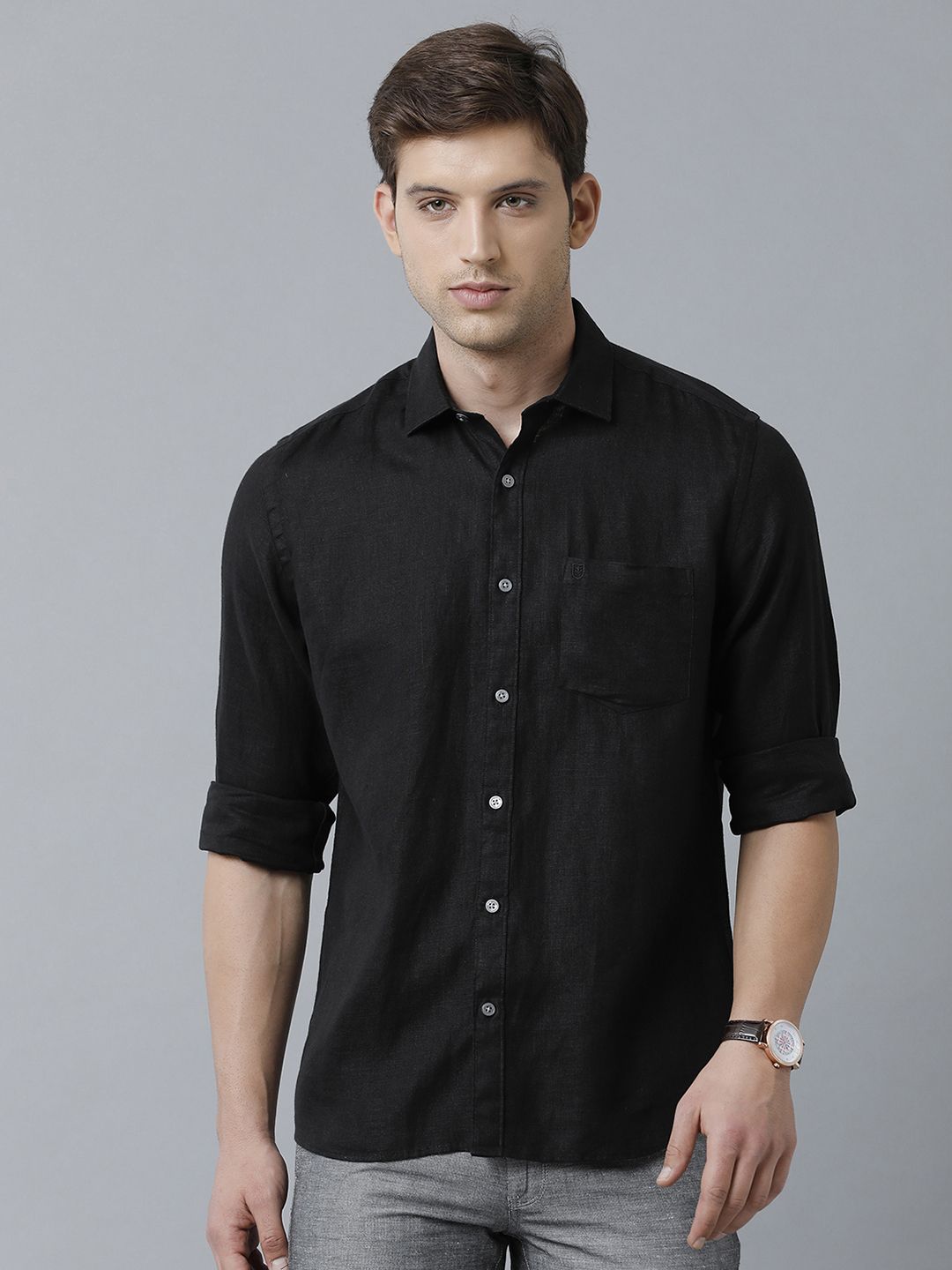 Linen Club Studio Men's Pure Linen Black Solid Regular Fit Full Sleeve Casual Shirt