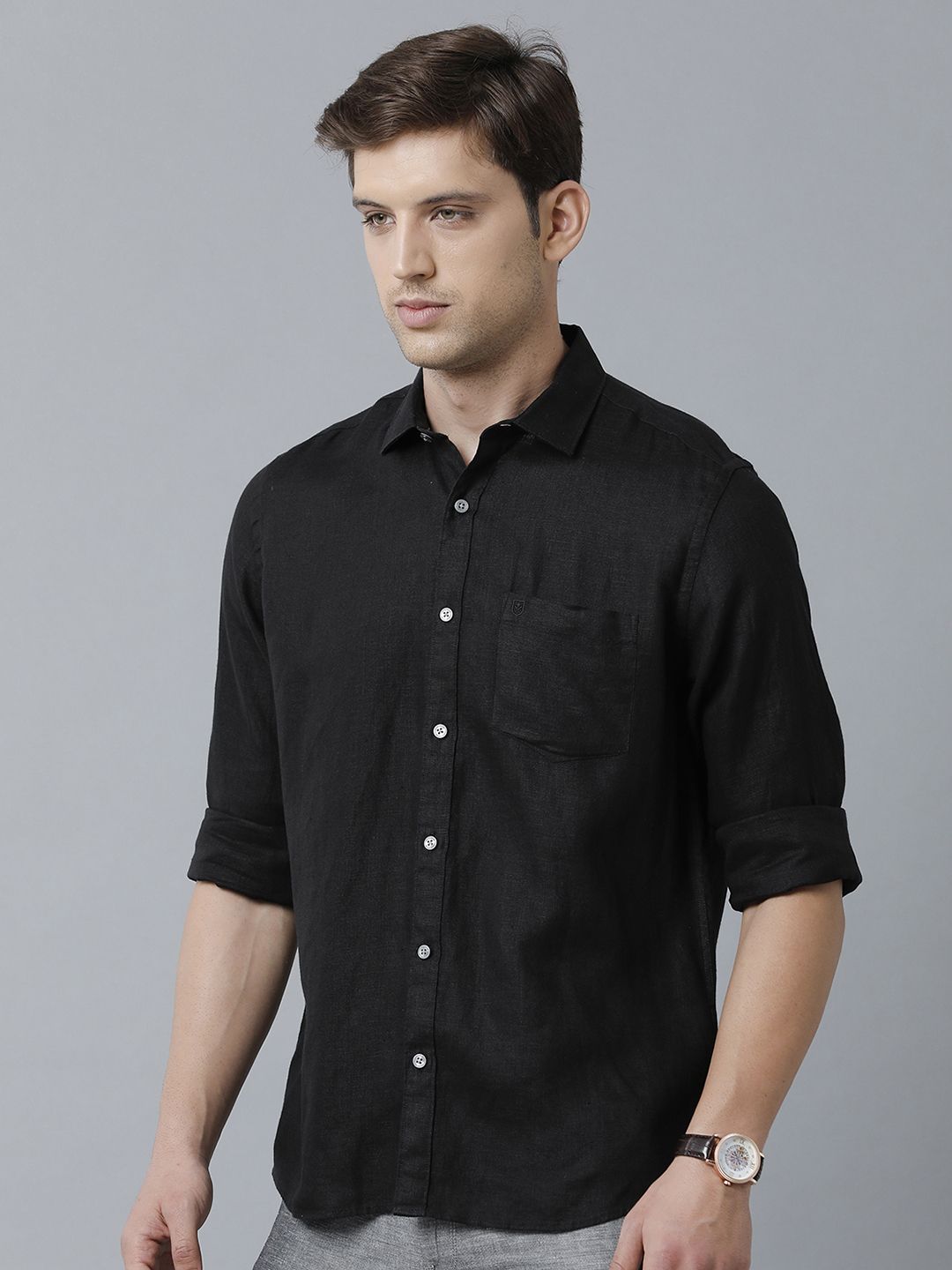 Linen Club Studio Men's Pure Linen Black Solid Regular Fit Full Sleeve Casual Shirt