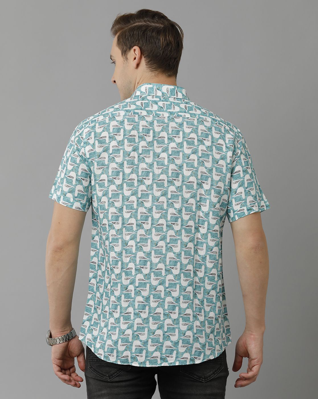 Men's Pure Linen Green Printed Contemporary Fit Half Sleeve
