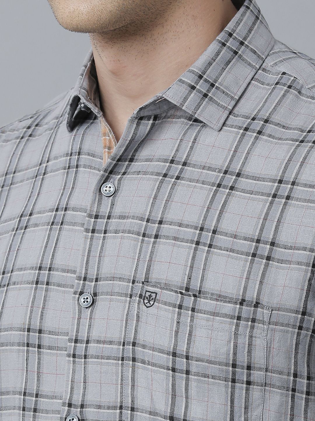 Men's Pure Linen Grey Checked Contemporary Fit Half Sleeve