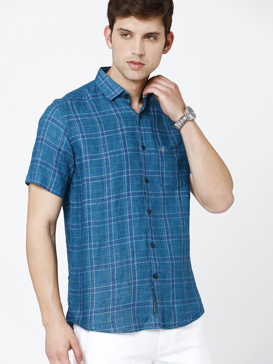 【MODERNIF】Siseu linen check shirt Blue SOFTHYPHEN Linen Check Camp Collar Shirt | SVD