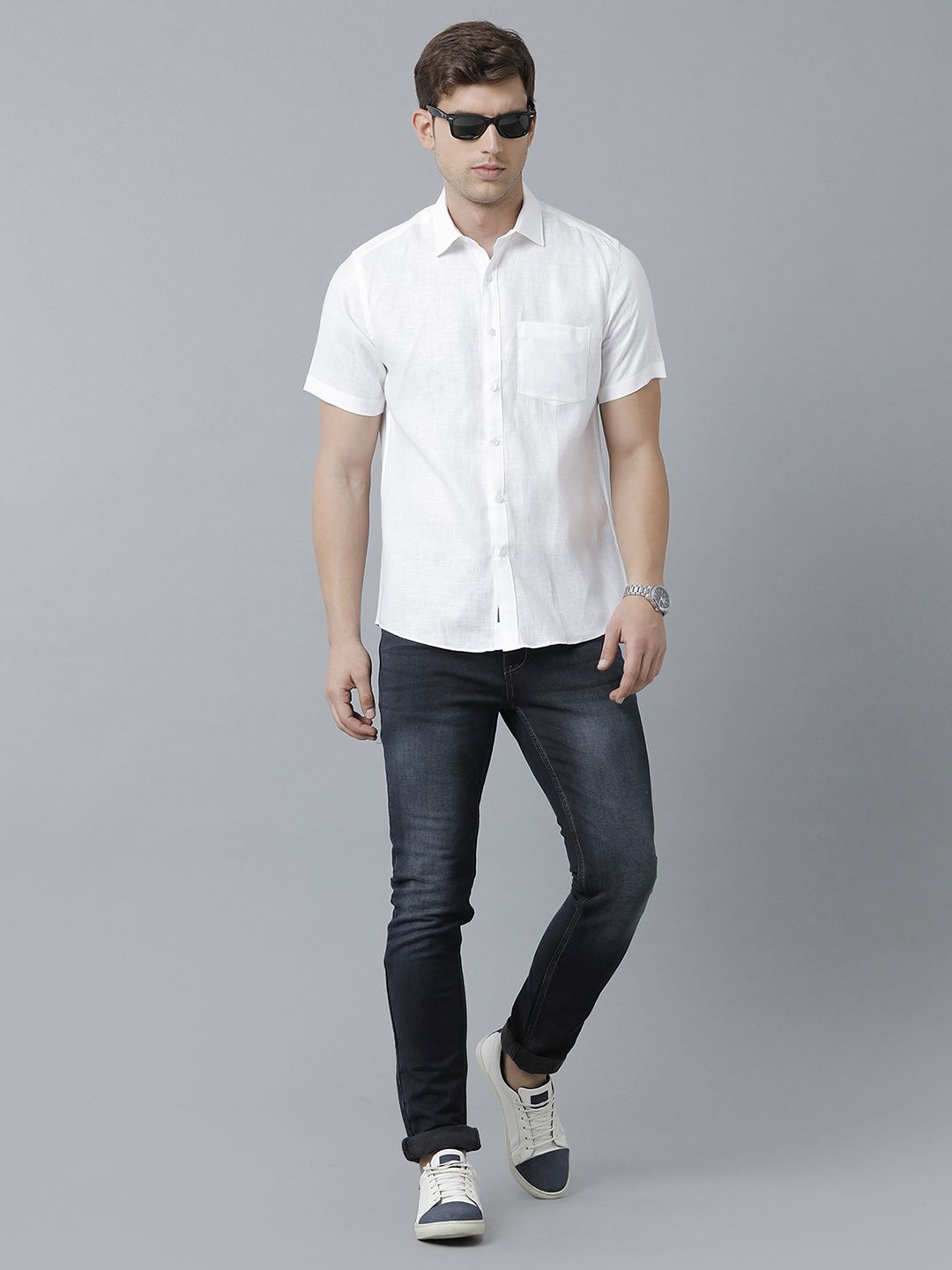 Linen Club Studio Men's Pure Linen White Solid Regular Fit Half Sleeve Casual Shirt