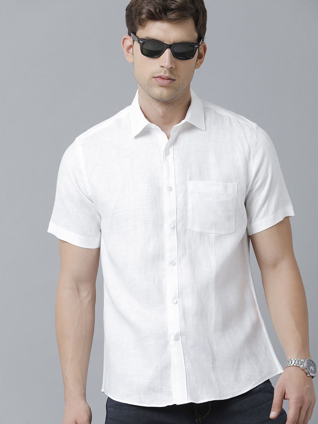 Linen Club Studio Men's Pure Linen White Solid Regular Fit Half Sleeve Casual Shirt