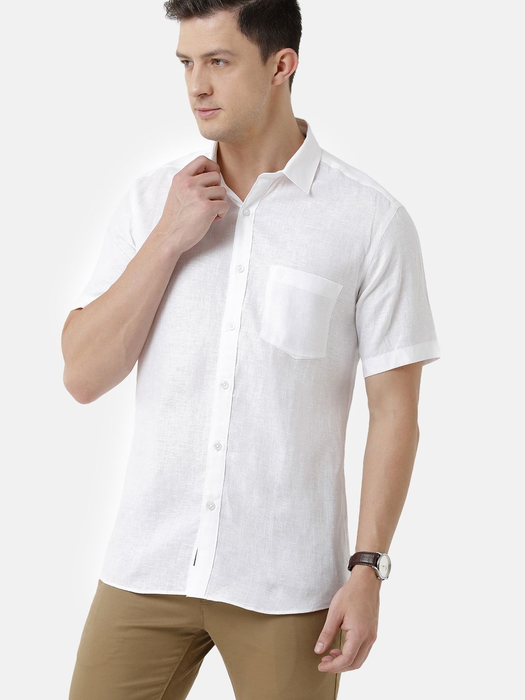 Men's Pure Linen White Solid Contemporary Fit Half Sleeve Sleeve Casual Shirt