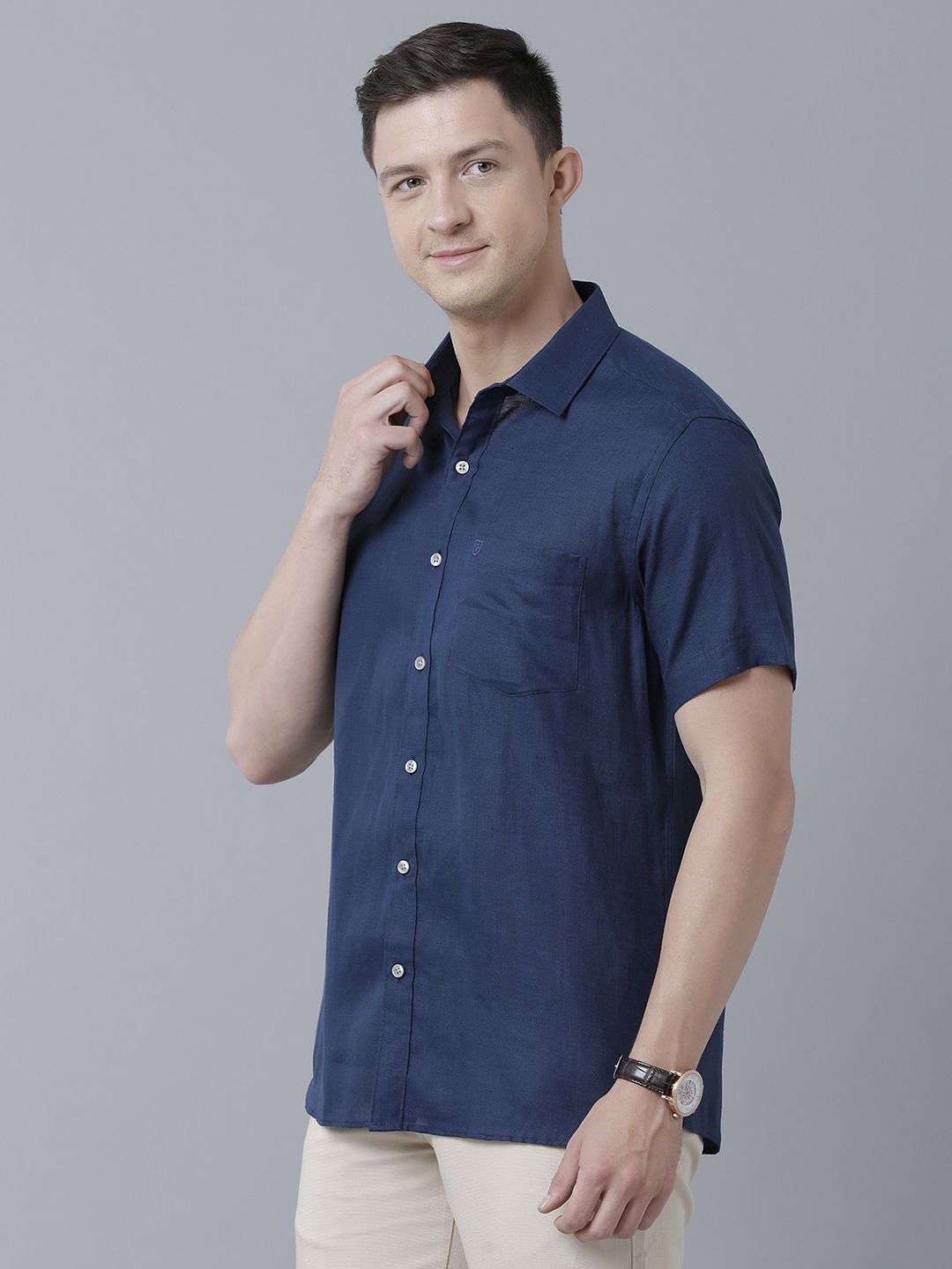 Linen Club Studio Men's Pure Linen Blue Solid Regular Fit Half Sleeve Casual Shirt